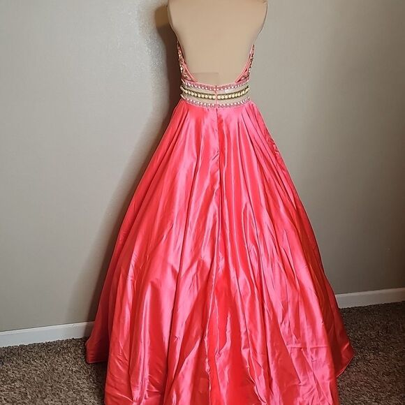NWT Rachel Allan Neon Coral Beaded Halter A Line Backless Formal Gown 8 - Picture 6 of 15